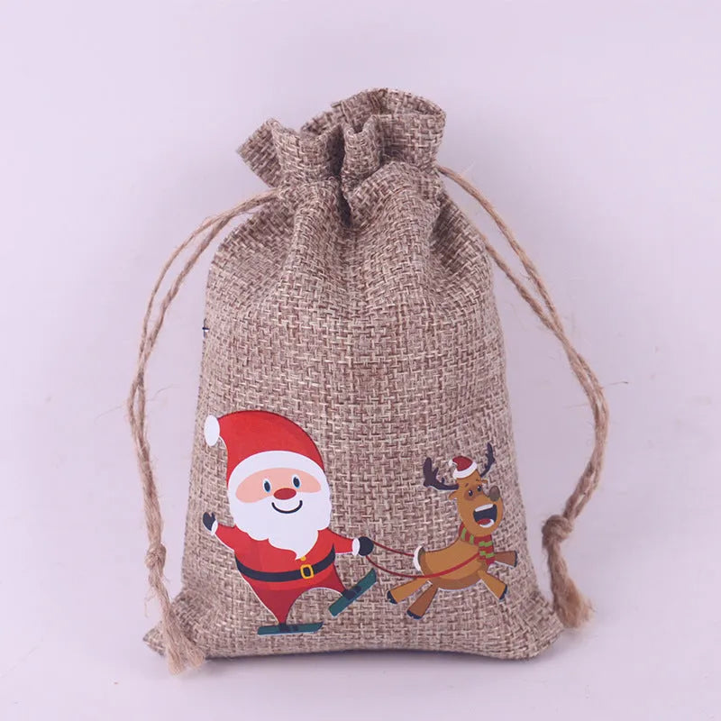 Christmas Pattern Coarse Linen Not Drawstring Pull String Drawstring Sack - Bellarte Enchanté Christmas Pattern Coarse Linen Not Drawstring Pull String Drawstring Sack
